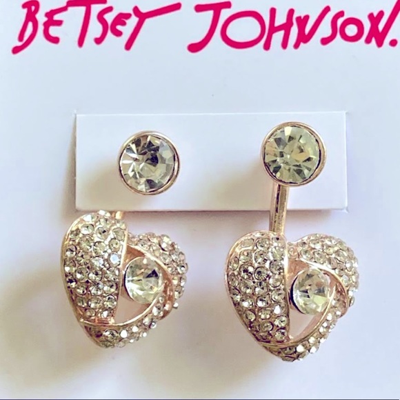 New Betsey Johnson Pave Heart Front & Back Earrings - Picture 7 of 10